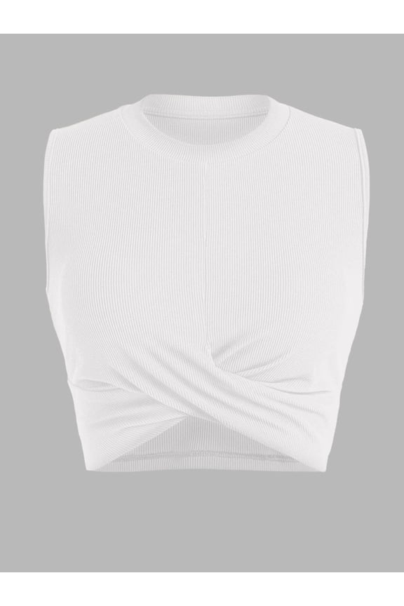 Women's Twist Front Crop Tank Top Crew Neck Sleeveless Ribbed Knit Fitted Yoga Workout Athletic Tops