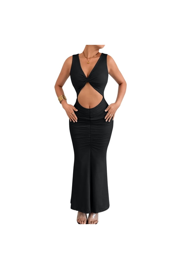 Women's Twist Front Cutout Maxi Dress Sleeveless Ruched Bodycon Party Dress with Waist Cut Out Long Dress