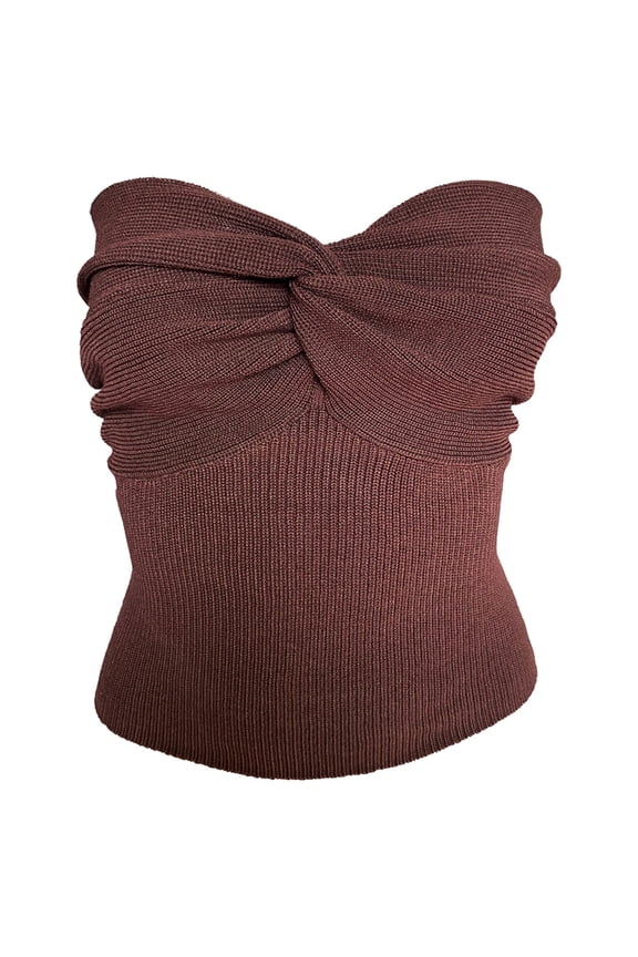 Women’s Twist Front Knitted Tube Top Strapless Solid Ruched Rib-Knit Crop Top Tank Top - coffee
