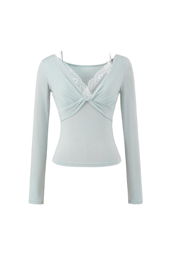 Women's Twist Front Lace Lined Surplice V Neck Tops Slim Fitted Sexy Y2K Going Out Blouses