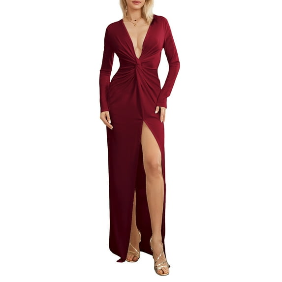 Women's Twist Front Party Dress Long Sleeve Deep V Neck Bodycon Midi Dress Evening Gown