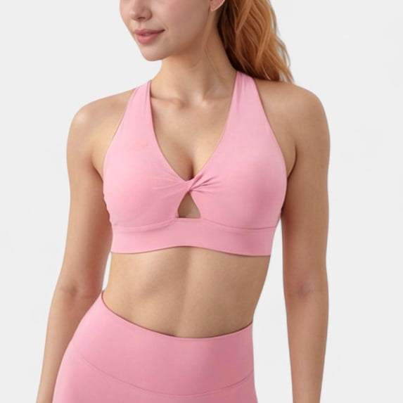 Women's Twist Front Sports Bra with Keyhole Cutout and Wide Shoulder Straps - Small, Pink