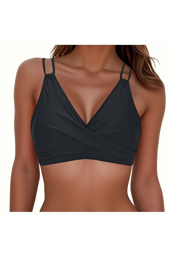 Women's Twist Front V-Neck Bikini Top - Push Up Padded Swimsuit with Adjustable Spaghetti Straps, Sexy Bathing Suit Top