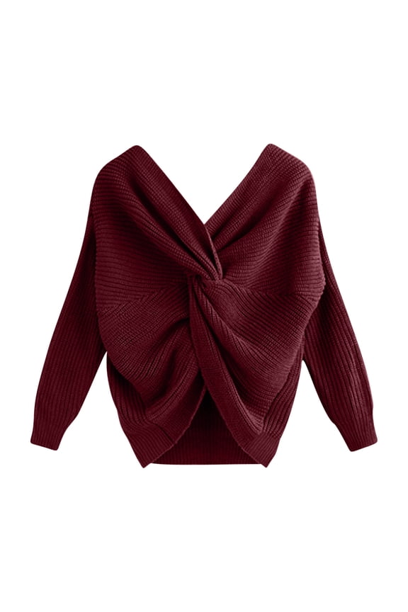 Women's Twist Knot Sweater Casual V Neck Long Sleeve Shirts Knit Pullover Tunic Tops Jumper Shirts