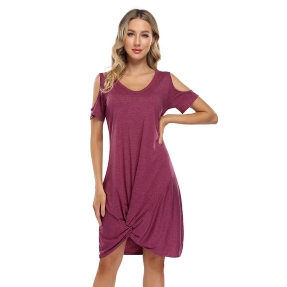Women's Twist Knot T Shirt Dress Casual V Neck Cold Shoulder Knee Length Tunic Dresses