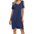 thumbnail image 1 of Women's Twist Knot T Shirt Dress Casual V Neck Cold Shoulder Knee Length Tunic Dresses, 1 of 6