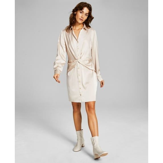 Women's Twisted Long-Sleeve Shirtdress Cream S