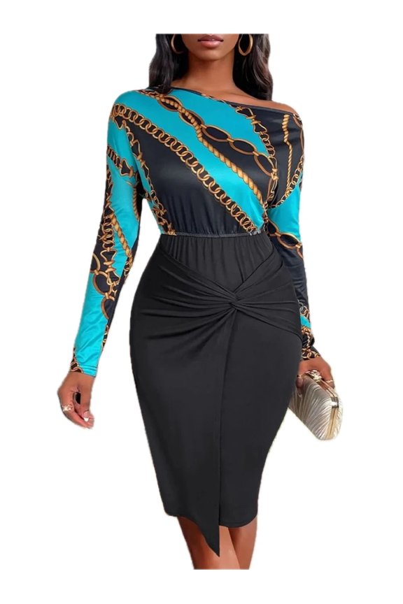 Women's Twisted Printed Long Sleeve Dress with Sheer Twist Detail and Moderate Stretch 95% polyester and 5% elastane