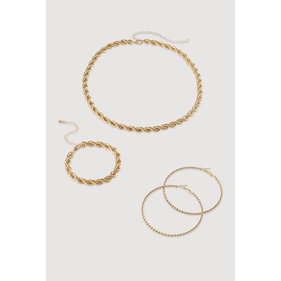 Women's Twisted Rope Chain Necklace and Bracelet with Hoop Earrings