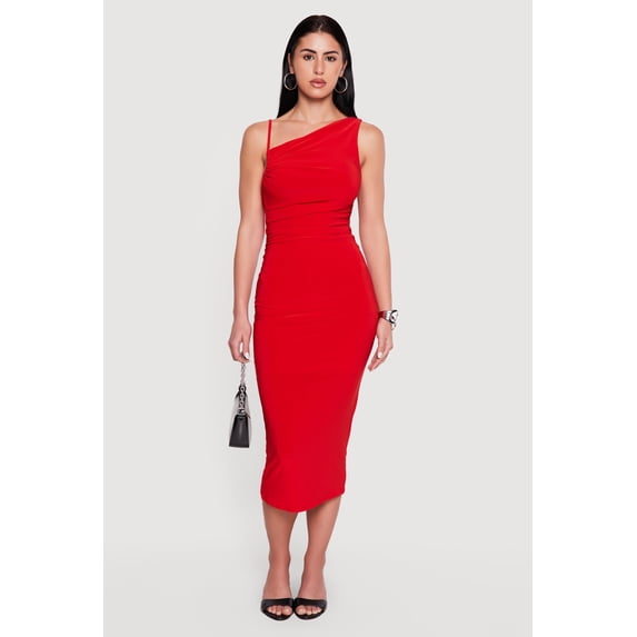 Women's Twisted Strap Asymmetrical Neckline Midi Dress