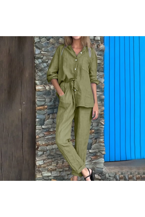 Women's Two Piece 2024 Lapel Long Sleeved Shirt Spring Autumn Casual Solid Pants Wide Leg Two Piece Suit Wedding Outfits for Women Guest Baggy Cropped Pants Womens Pant Suit Petite Romper for Bride