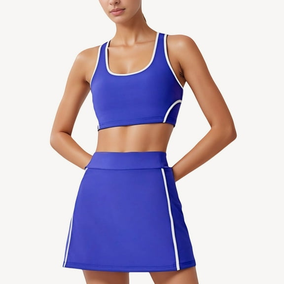 Women's Two-Piece Activewear Set with Contrast Trim Sports Bra Tank and High Waist Skirt - Small, Blue