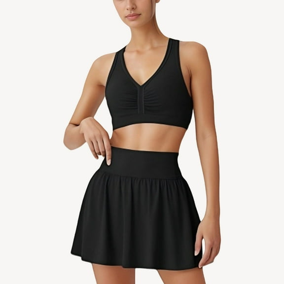 Women's Two-Piece Activewear Set with V-Neck Ruched Sports Bra and High Waist Flare Skirt - Small, Black