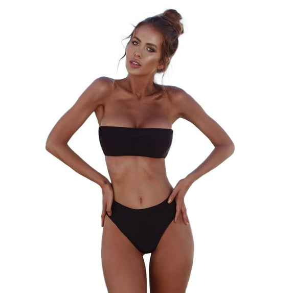 Women's Two Piece Bandeau Swimsuit Ribbed Strapless Tube Bikini Top with Mid Waist Cheeky Bottom Bathing Suit Bikini -Up Brazilian Swimwear Bandeau Beachwear Set Swimsuit Swimwears Tankinis Set