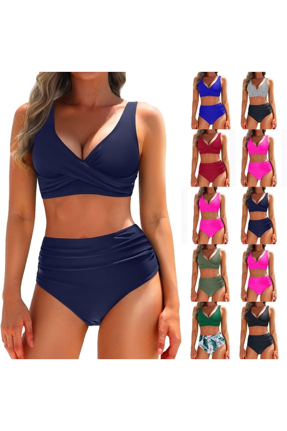 Women's Two Piece Bikini Set Criss Cross High Waisted Swimsuit for Beach Photos Summer,Blue,2XL