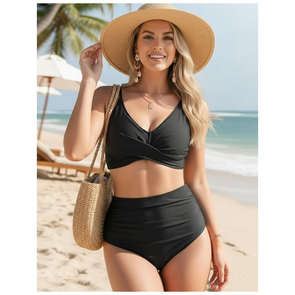 Women's Two Piece Bikini Set, High Waisted Ruched Tummy Control Swimsuit, Twist Front V-Neck Push Up Top with Adjustable Straps, Moderate Coverage UPF 15