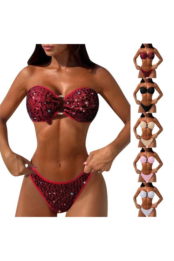 Women's Two Piece Bikini Set Sequin Strapless Bikini with O-Ring Solid Color Sexy Swimsuit for Pool Party Beach,Champagne,S