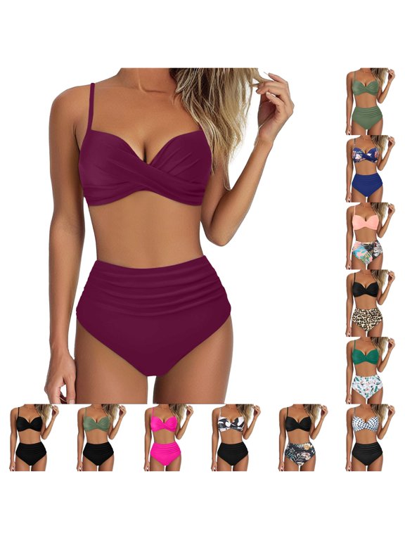 Women's Two Piece Bikini Set Underwire Push Up Top High Waisted Bottoms Floral Print Swimsuit for Beach Pool Vacation