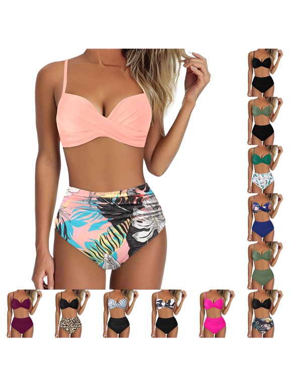 Women's Two Piece Bikini Set Underwire Push Up Top High Waisted Bottoms Floral Print Swimsuit for Beach Pool Vacation