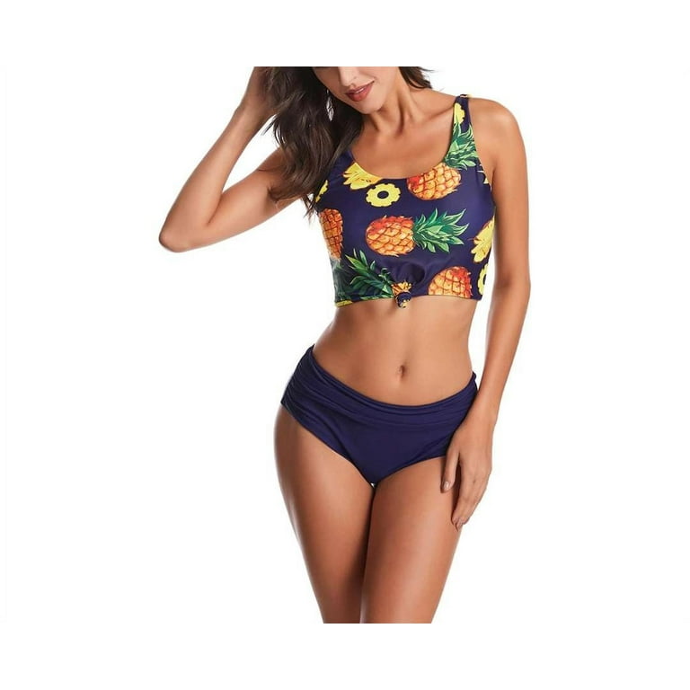 Women s Two Piece Bikini Split High Waist Lotus Pineapple Printed Swimsuit M