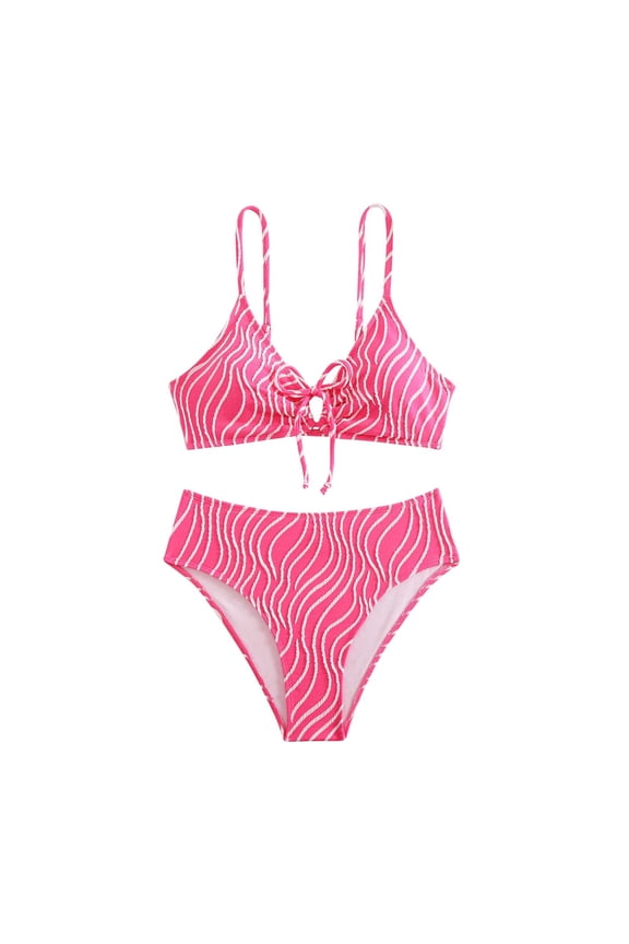 Women's Two Piece Bikini Swimsuit Front Lace-up Swimwear Striped Bikinis Cheeky Modest Bathing Suit