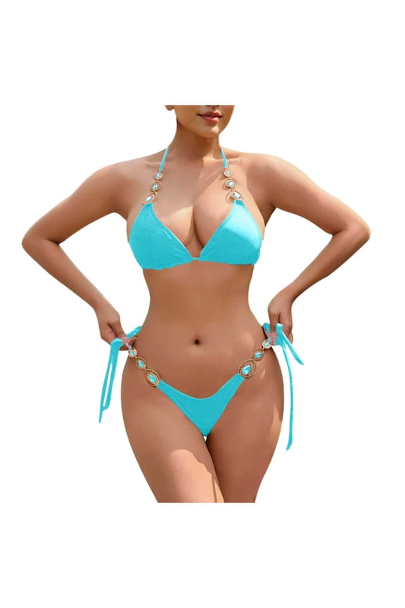 Women's Two Piece Bikini Swimsuits Triangle Thong Bikinis Set with Rhinestone Hearts Beach Bathing Suits (L, Green)