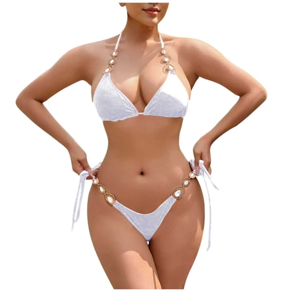 Women's Two Piece Bikini Swimsuits Triangle Thong Bikinis Set with Rhinestone Hearts Beach Bathing Suits (L, White)