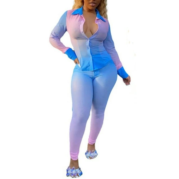 Women's Two Piece Button Down Collor Shirt Top and Pant Set