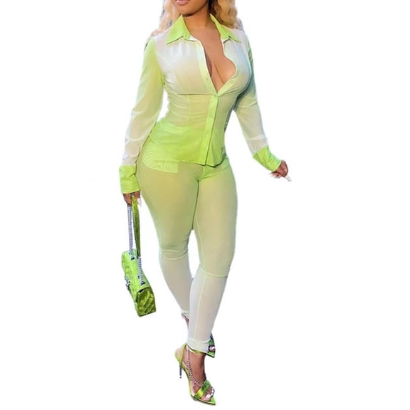 Women's Two Piece Button Down Collor Shirt Top and Pant Set