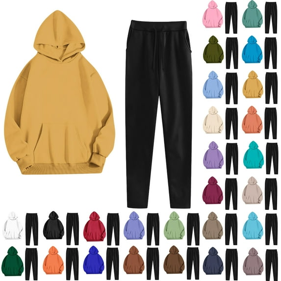 Women's Two Piece Casual Outfits Set Solid Hooded Drawstring Long Sleeve Sweatshirt Tops And Pants Set Suits