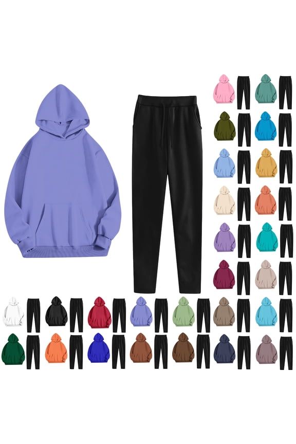 Women's Two Piece Casual Outfits Set Solid Hooded Drawstring Long Sleeve Sweatshirt Tops And Pants Set Suits