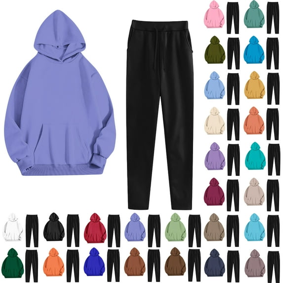 Women's Two Piece Casual Outfits Set Solid Hooded Drawstring Long Sleeve Sweatshirt Tops And Pants Set Suits