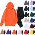thumbnail image 1 of Women's Two Piece Casual Outfits Set Solid Hooded Drawstring Long Sleeve Sweatshirt Tops And Pants Set Suits, 1 of 7