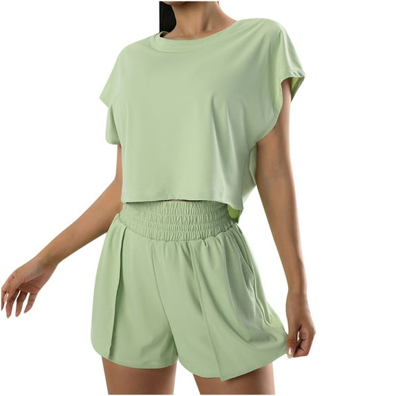 Women's Two Piece Casual Suit Quick Dry Ruffled Sleeve Top Shorts Solid Color Casual Sports Yoga Workout Sets Green,L