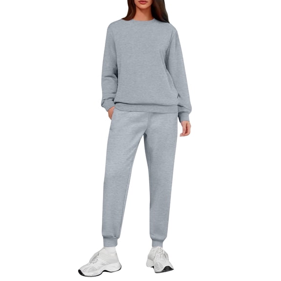 Women's Two-Piece Casual Suit, Solid Color Fleece-Lined Suit, Sweatpants with Pockets, Cozy and Practical Loungewear for Home and Outdoor,Light Gray,S