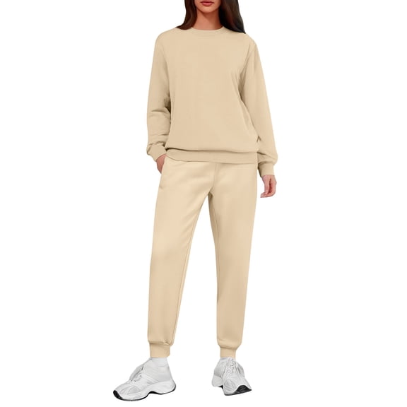 Women's Two-Piece Casual Suit, Solid Color Fleece-Lined Suit, Sweatpants with Pockets, Cozy and Practical Loungewear for Home and Outdoor,Khaki,S
