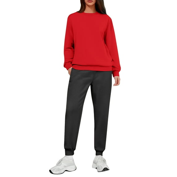 Women's Two-Piece Casual Suit, Solid Color Fleece-Lined Suit with Contrast Colors, Sweatpants with Pockets, Fashionable and Warm Outfit,Red,L