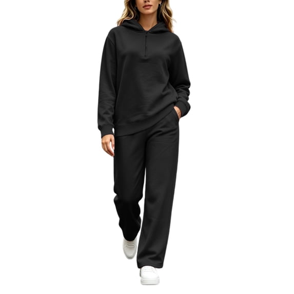 Women's Two Piece Casual Tracksuit Set Half Zip Long Sleeve Hoodie and Loose Long Pants Comfort Sweatsuit Outfit for Leisure Wear Black