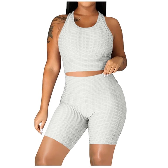 Women's Two Piece Casual Workout Sets Athletic Solid Color Summer Yoga Outfit 2 Piece Racerback Crop Top And High Waist Biker Shorts Tight Fit Gym Wear For Fitness Running