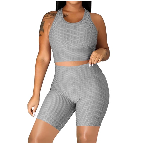 Women's Two Piece Casual Workout Sets Athletic Solid Color Summer Yoga Outfit 2 Piece Racerback Crop Top And High Waist Biker Shorts Tight Fit Gym Wear For Fitness Running