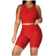 thumbnail image 1 of Women's Two Piece Casual Workout Sets Athletic Solid Color Summer Yoga Outfit 2 Piece Racerback Crop Top And High Waist Biker Shorts Tight Fit Gym Wear For Fitness Running, 1 of 5