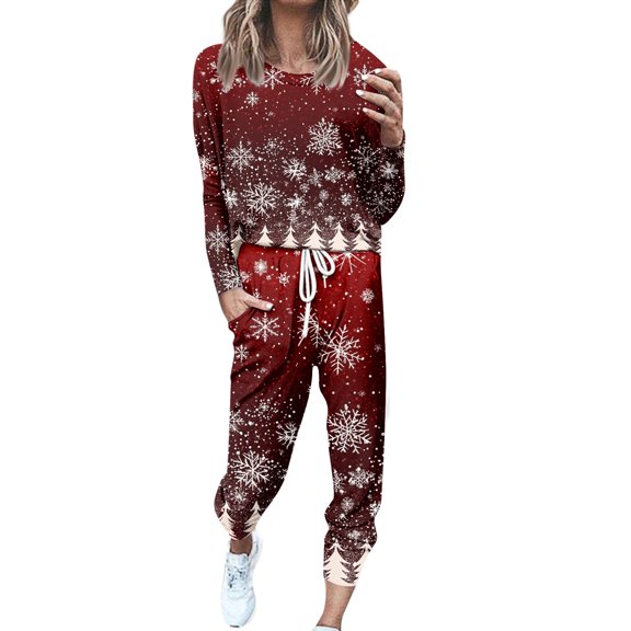 Women's Two Piece Christmas Snowman & Tree Printed Set: Round Neck Long Sleeve Shirt & Drawstring Sweatpants with Pockets, Burgundy, Size S