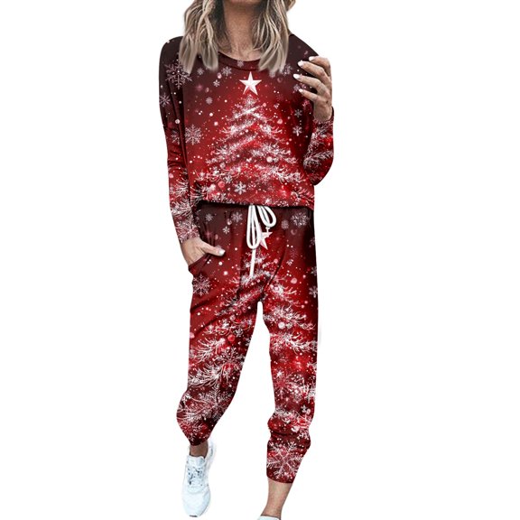 Women's Two Piece Christmas Snowman & Tree Printed Set: Round Neck Long Sleeve Shirt & Drawstring Sweatpants with Pockets, Burgundy, Size XL