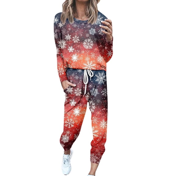 Women's Two Piece Christmas Snowman & Tree Printed Set: Round Neck Long Sleeve Shirt & Drawstring Sweatpants with Pockets, Dark Blue, Size S