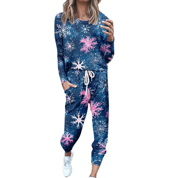 Women's Two Piece Christmas Snowman & Tree Printed Set: Round Neck Long Sleeve Shirt & Drawstring Sweatpants with Pockets, Dark Blue, Size XXL