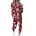 thumbnail image 1 of Women's Two Piece Christmas Snowman & Tree Printed Set: Round Neck Long Sleeve Shirt & Drawstring Sweatpants with Pockets, Dark Red, Size S, 1 of 5