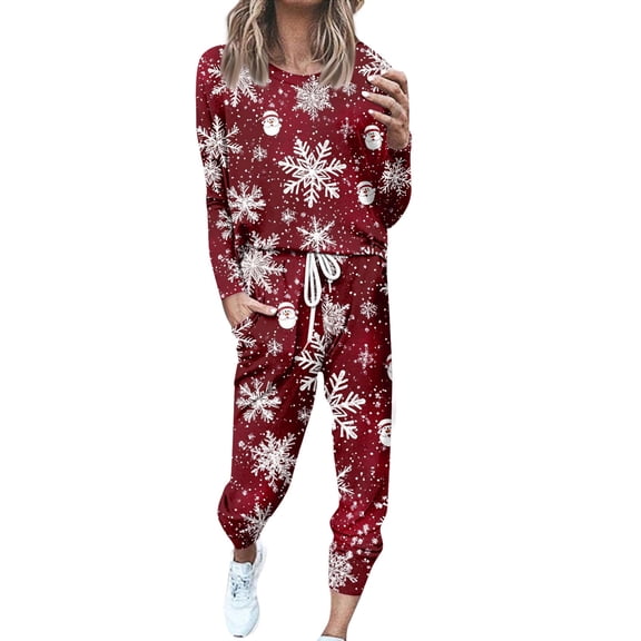 Women's Two Piece Christmas Snowman & Tree Printed Set: Round Neck Long Sleeve Shirt & Drawstring Sweatpants with Pockets, Dark Red, Size S