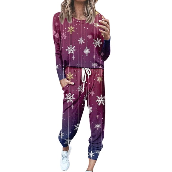 Women's Two Piece Christmas Snowman & Tree Printed Set: Round Neck Long Sleeve Shirt & Drawstring Sweatpants with Pockets, Purple, Size L