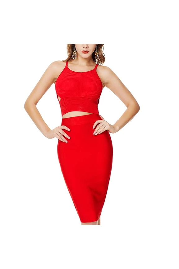 Women's Two-Piece Crop Top Sheath Sleeveless Party Red Bandage Mini Dress Set M