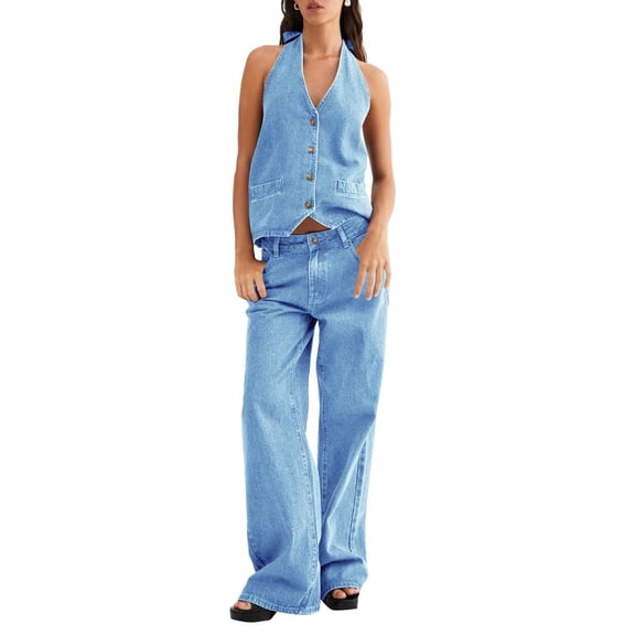Women Two Piece Denim Set Button Down Backless Tank Top and Wide Leg Jeans 2 Piece Outfit Suits